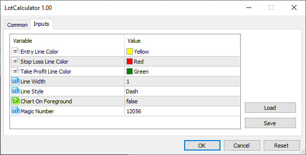 Input parameters window